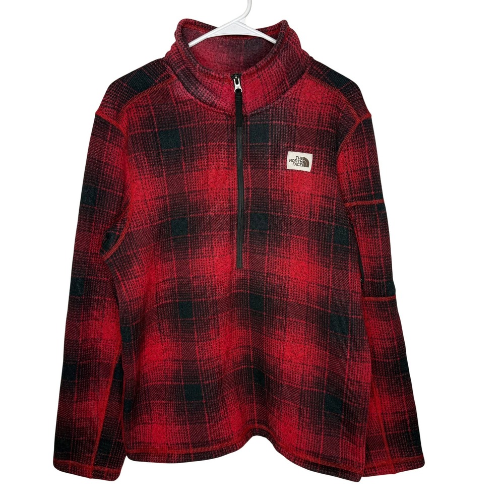 The North Face Mens Red Black Plaid 1/2 Zip Fleece Pullover Size Large